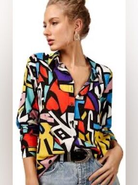 Big Dart Vibrant Abstract Print Button-Up Blouse – Multicolor
